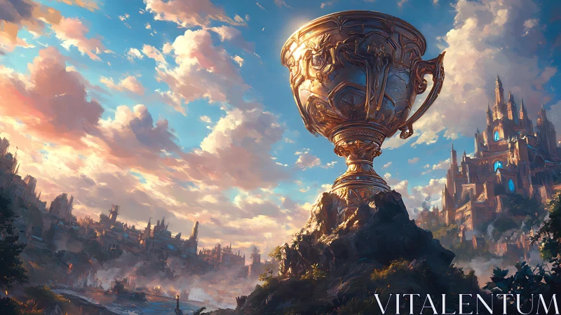 Monumental gilded trophy dominates fantasy skyline at sunrise