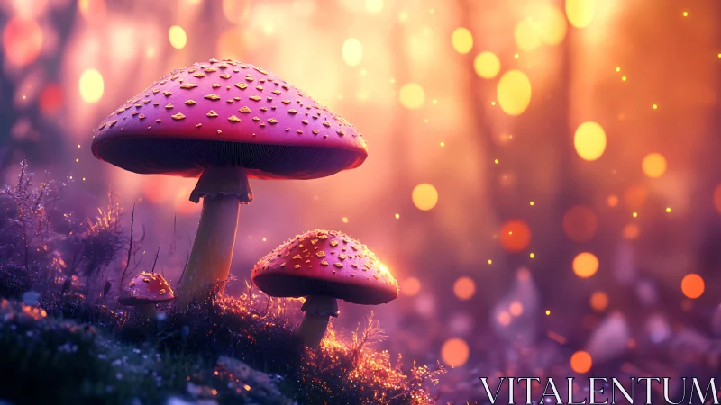 Bioluminescent fly agaric mushrooms in shallow depth forest glow