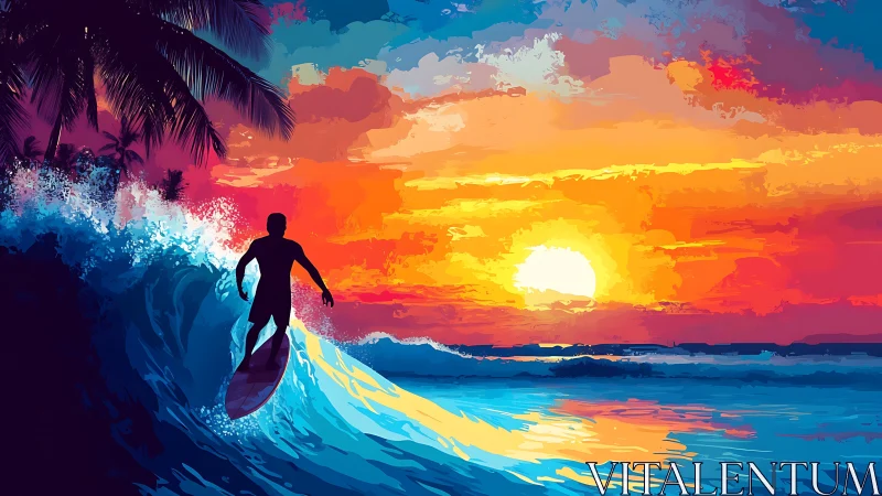 Surfer riding wave against vivid tropical sunset sky.