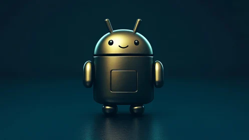Golden android robot figurine on dark reflective surface.