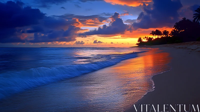 Chromatic shoreline gradient under dynamically lit sunset sky.