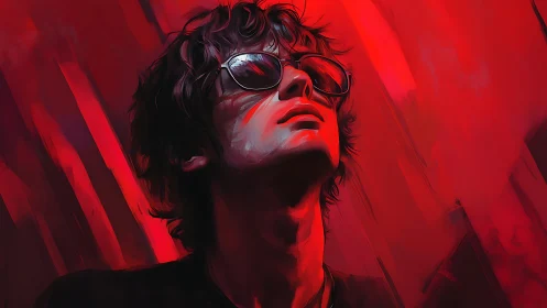 Portrait shows upward-facing figure in red digital lighting