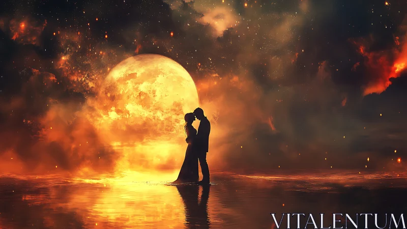 Silhouetted couple embracing against massive incandescent celestial body