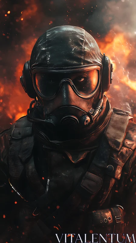 Firestorm commando strides through sparks and molten night.