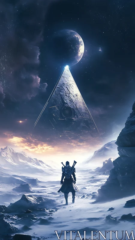 Solitary figure on icy terrain facing suspended pyramid object.