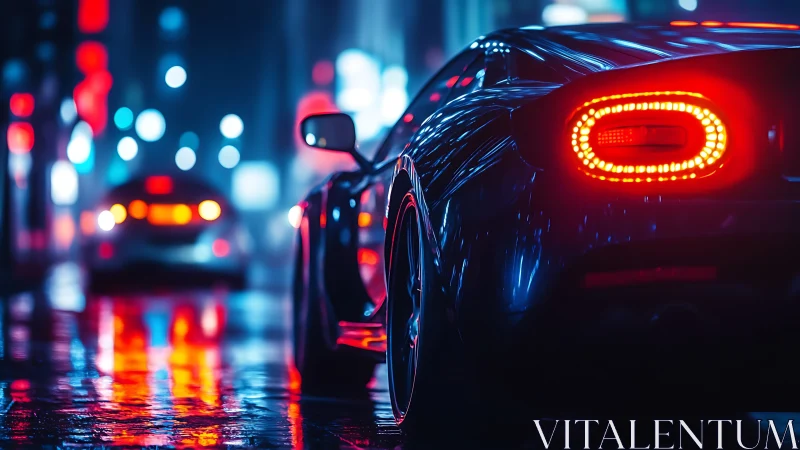 Midnight city sports car glowing in neon rainlight.