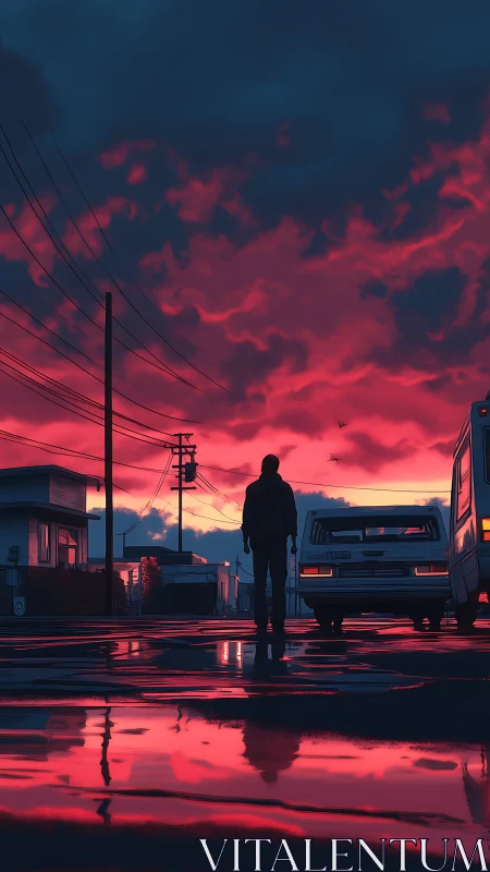 Silhouette stands on wet street under intense red sunset sky