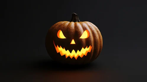 Sinister jack-o’-lantern grins in shadowy Halloween glow.