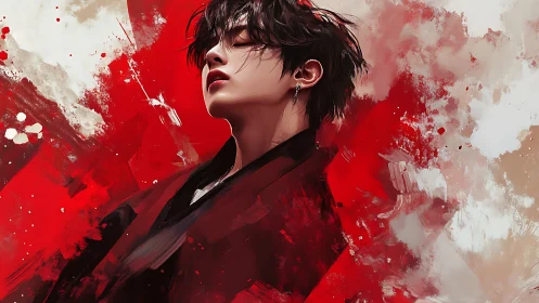 Moody digital portrait in red and white abstract field.