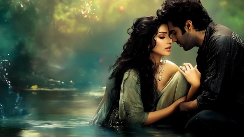 Two figures positioned in water with atmospheric forest backdrop.