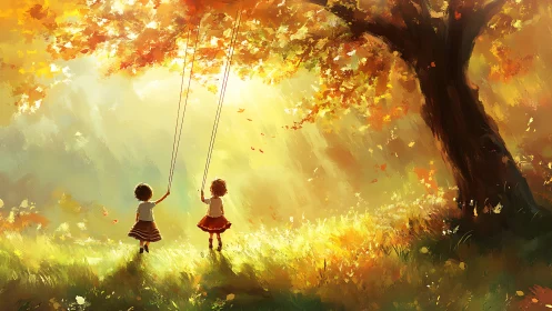 Children on swings under sunlit autumn tree in meadow.