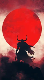 Silhouetted horned warrior before monumental crimson solar disc.