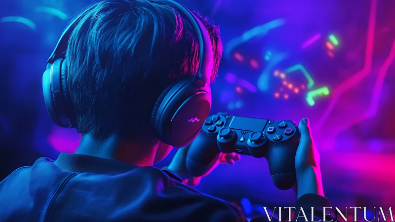 Young gamer immersed in neon glow and focused playtime.