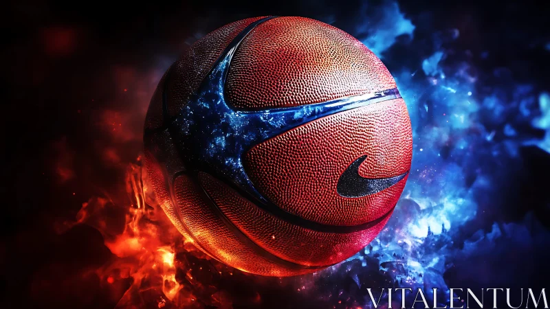Basketball floats amid red and blue energy with vivid texture details.