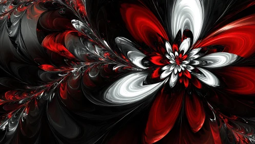 Fiery red and silver fractal flower unfolds in swirling motion