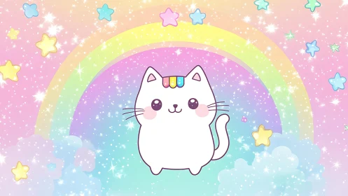 Kawaii unicorn cat floats before pastel rainbow sky.