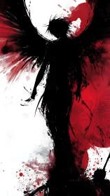Silhouetted winged figure stands against red and white background