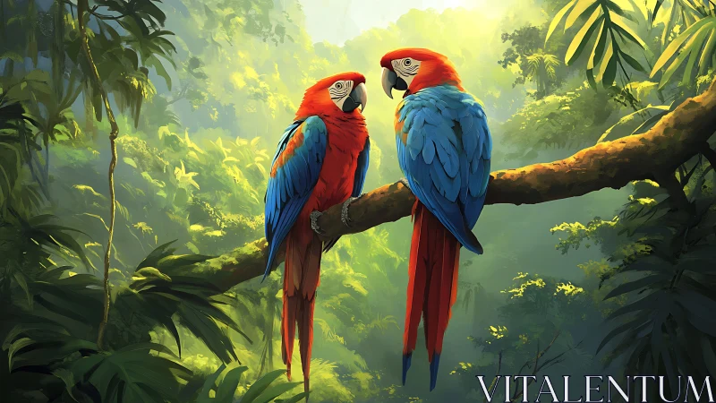 Vibrant Scarlet Macaws on Branch in Lush Digital Jungle Art.