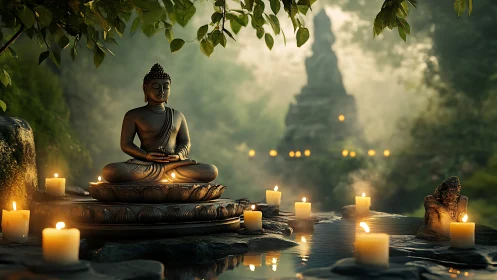 Serene Buddha statue glows amid candles in misty forest.