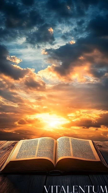 Open illuminated Bible aligned with dramatic golden sunset sky