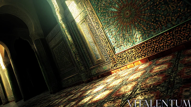Photorealistic Moorish corridor with tilted light geometry.