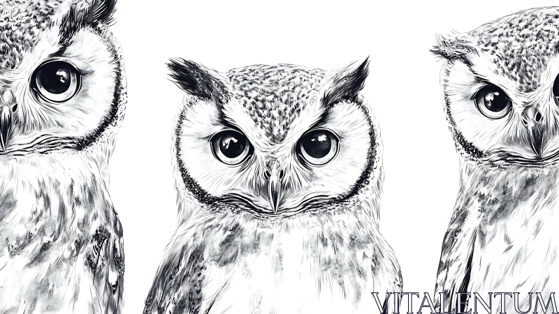 Three Realistic Black and White Owl Illustrations in Line Art Style.