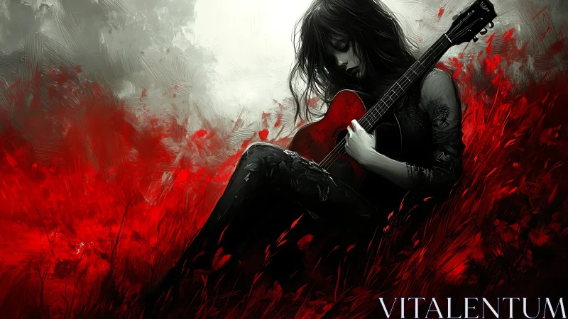 Gothic balladist cradles scarlet guitar in stormborn field.