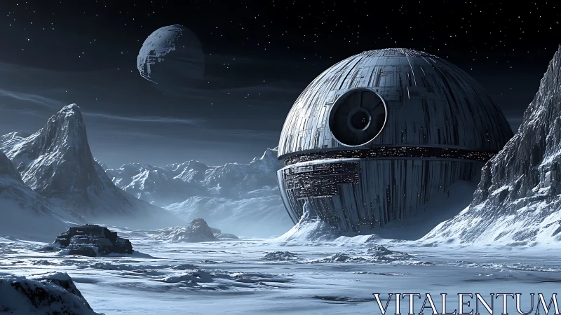 Massive spherical space station dominates frozen planetary valley