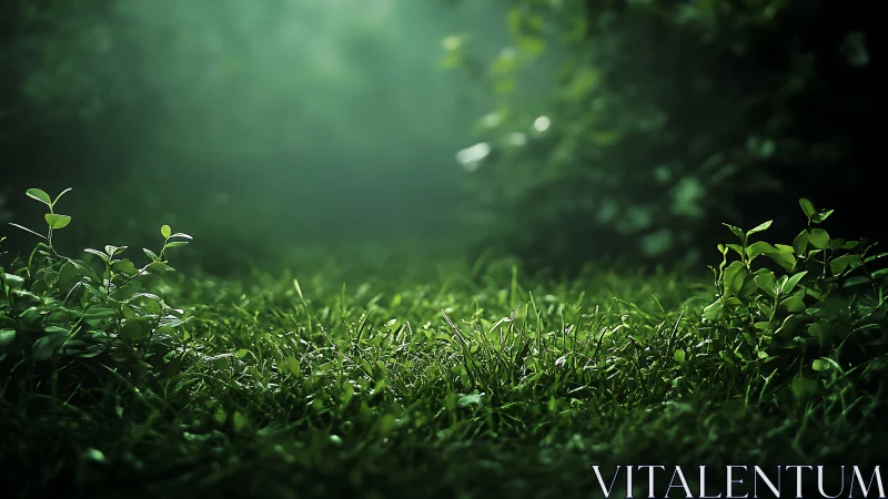 Sunlit green grass clearing with soft natural foliage.