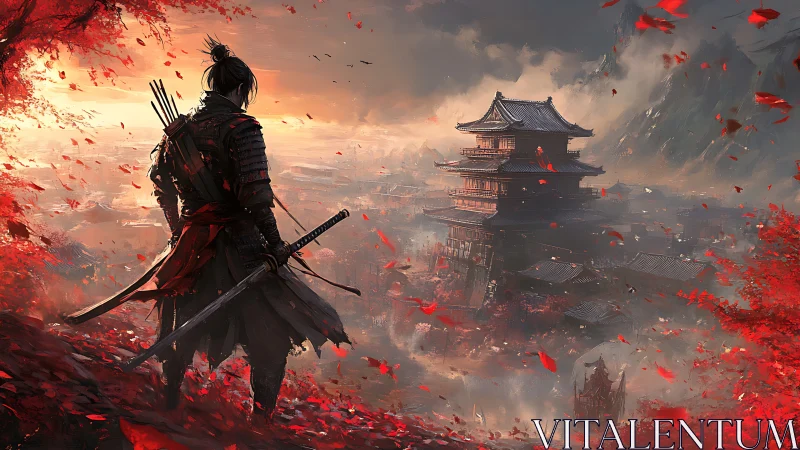 Lone samurai in crimson autumn overlooking misty citadel.
