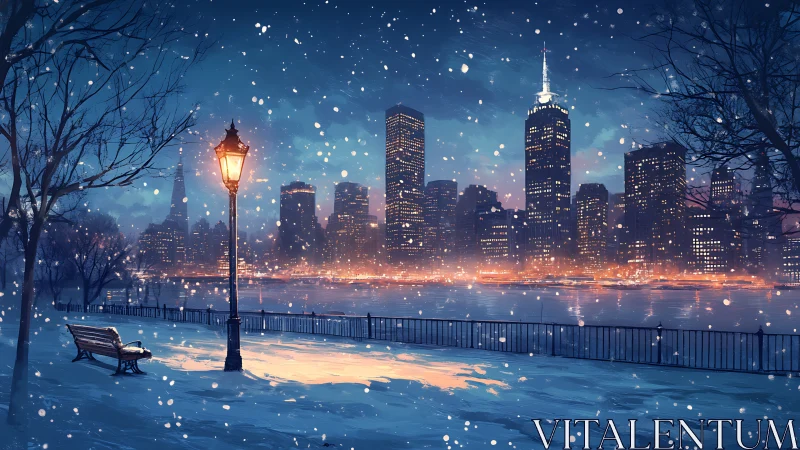 Snowfall quiets riverside park facing glowing city skyline