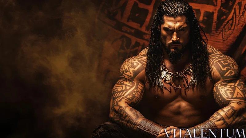 Warrior chieftain in ember-lit haze exuding fierce resolve.