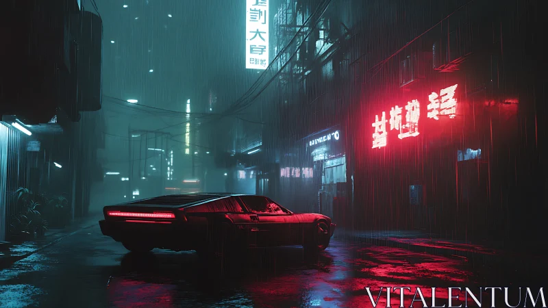 Futuristic sports car waits in neon soaked cyberpunk alleyway.