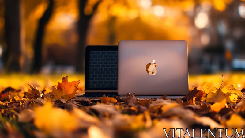 Laptop glows through golden autumn leaves outdoors sunset