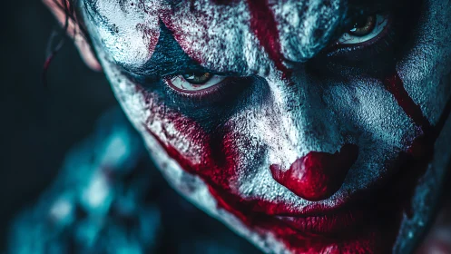 Sinister clown portrait with cracked paint and piercing gaze