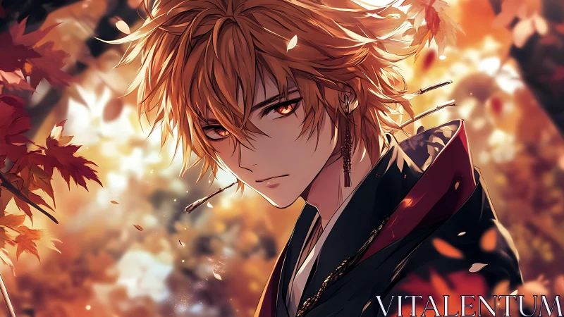 Male anime figure stands amid autumn foliage in close-up