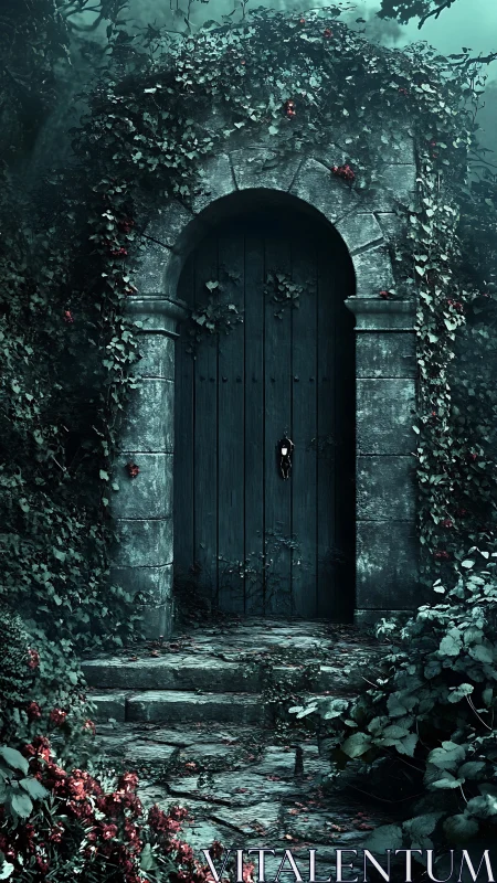 Midnight ivy gate guarding a forgotten forest threshold.