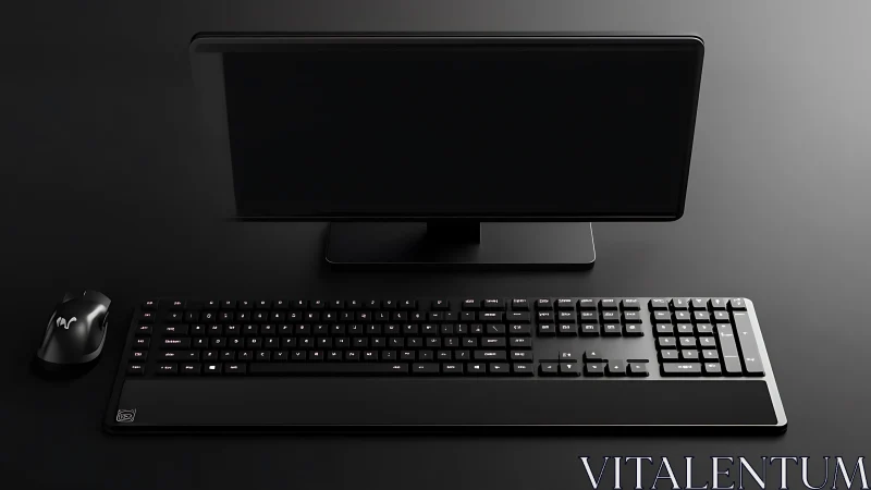 Minimalist black desktop setup with sleek monitor and RGB keys.