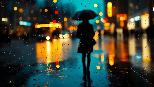 Umbrella ghost roaming neon rain on mirror-bright streets.