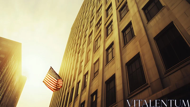 Sunlit city canyon with a lone American flag drifting proud.