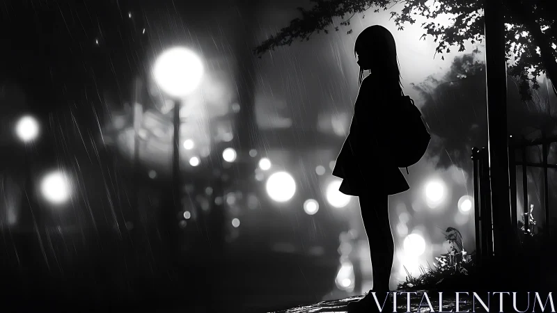 Rain-soaked city lights cradle a lone waiting silhouette girl