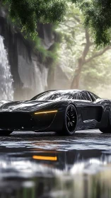 Sleek black supercar resting by a misty forest waterfall.