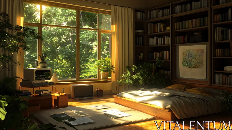 Sunlit bedroom library welcomes quiet reading and rest