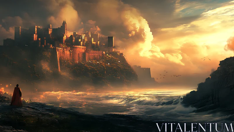 Coastal fortress complex overlooks turbulent illuminated sea