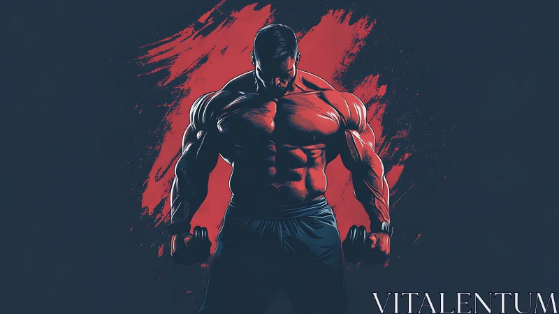 High-contrast stylized bodybuilder with dumbbells and red backlight
