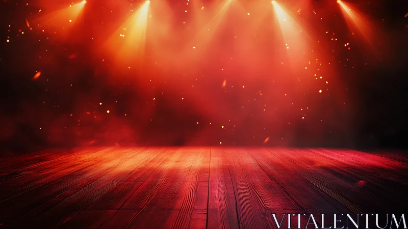 Theatrical Stage with Red Lighting and Spotlight Beams.