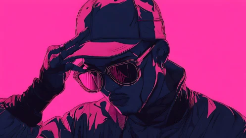 Neon-drenched street icon adjusting shades in electric pink.