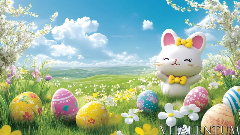 Smiling Easter bunny celebrates spring in a sunny meadow