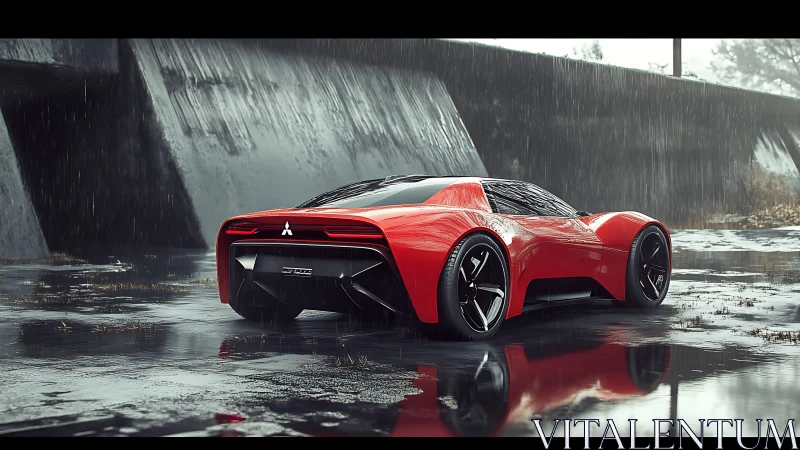 Low-slung red concept supercar with wet-surface reflections in rain