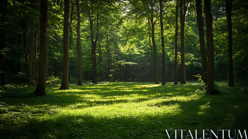 Serene Sunlit Forest Clearing with Lush Greenery and Tall Trees.